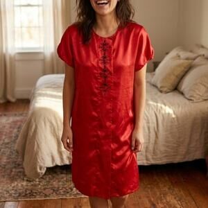 Vintage Val Mode Lingerie Red Satin Nightgown House Dress Embroidered Womens M